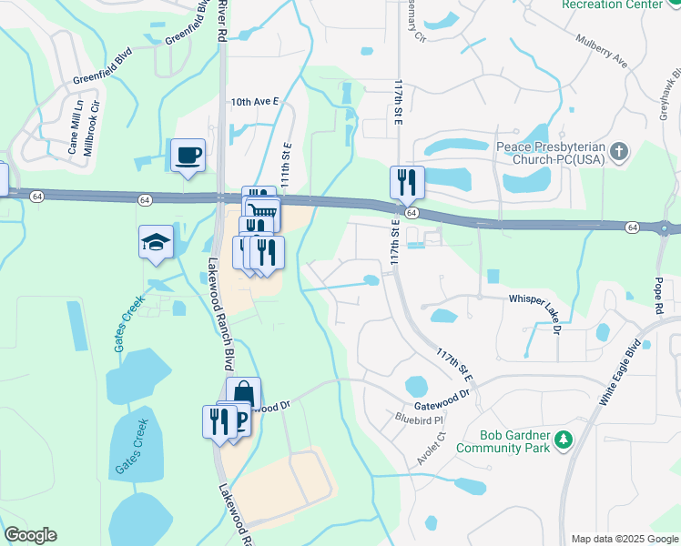 map of restaurants, bars, coffee shops, grocery stores, and more near 1770 Woodleaf Hammock Court in Bradenton