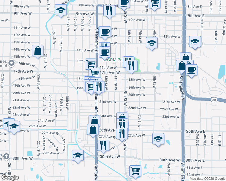 map of restaurants, bars, coffee shops, grocery stores, and more near 1108 19th Avenue West in Bradenton