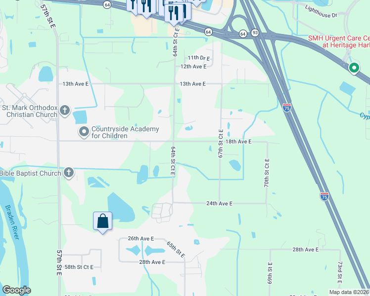 map of restaurants, bars, coffee shops, grocery stores, and more near 6411 18th Avenue East in Bradenton