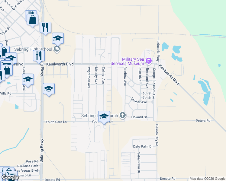 map of restaurants, bars, coffee shops, grocery stores, and more near 1513 Beverly Avenue in Sebring