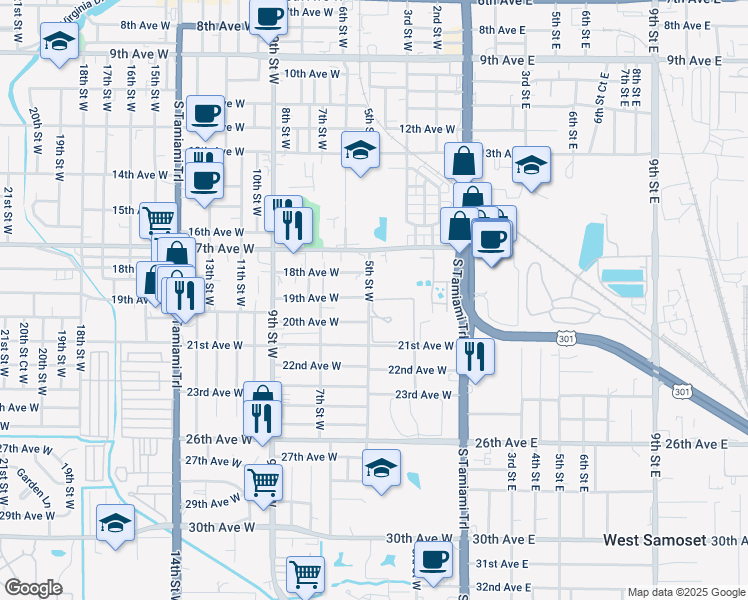 map of restaurants, bars, coffee shops, grocery stores, and more near 506 19th Avenue West in Bradenton