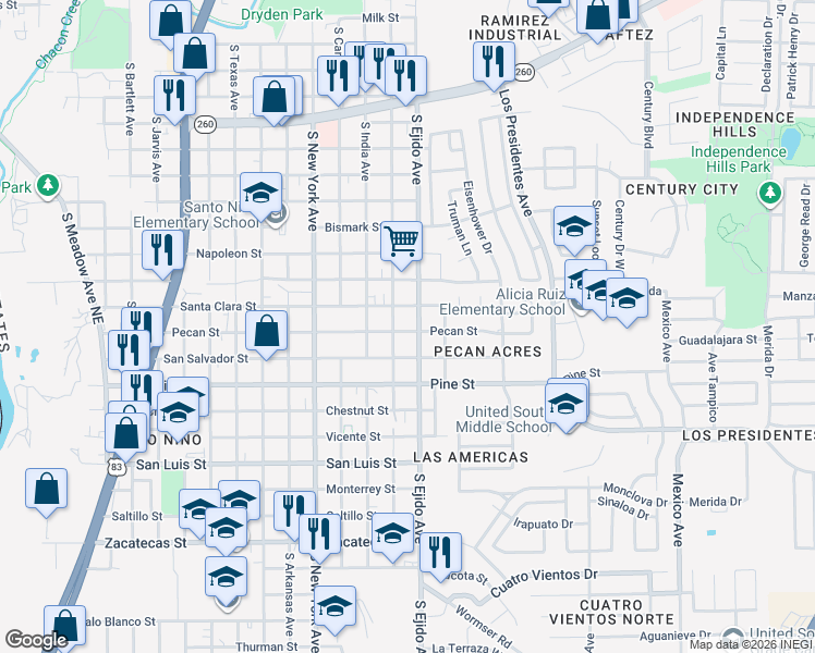 map of restaurants, bars, coffee shops, grocery stores, and more near 3119 Santa Clara Street in Laredo