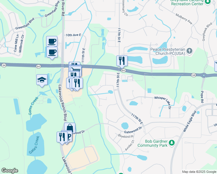 map of restaurants, bars, coffee shops, grocery stores, and more near 1790 Woodleaf Hammock Court in Bradenton