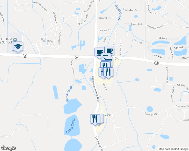 map of restaurants, bars, coffee shops, grocery stores, and more near 1795 Lakewood Ranch Blvd in Bradenton