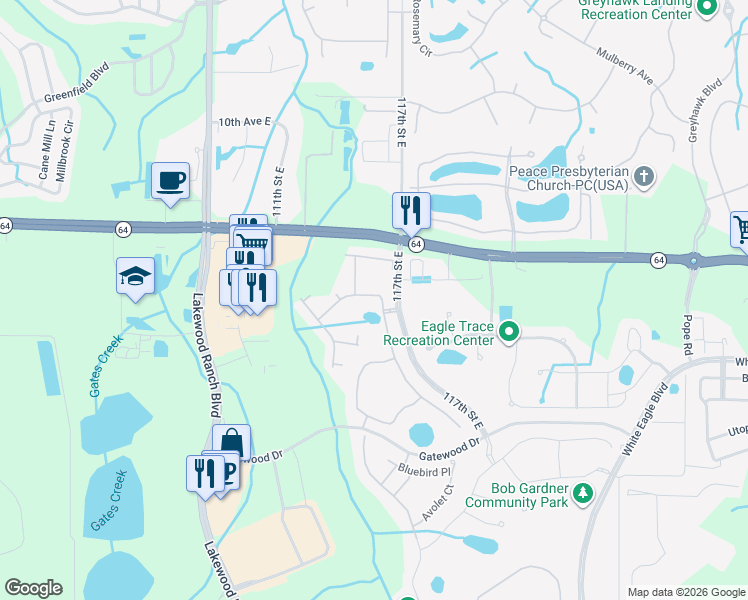 map of restaurants, bars, coffee shops, grocery stores, and more near 1790 Woodleaf Hammock Court in Bradenton