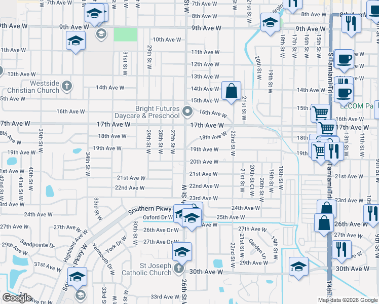 map of restaurants, bars, coffee shops, grocery stores, and more near 2503 18th Avenue West in Bradenton