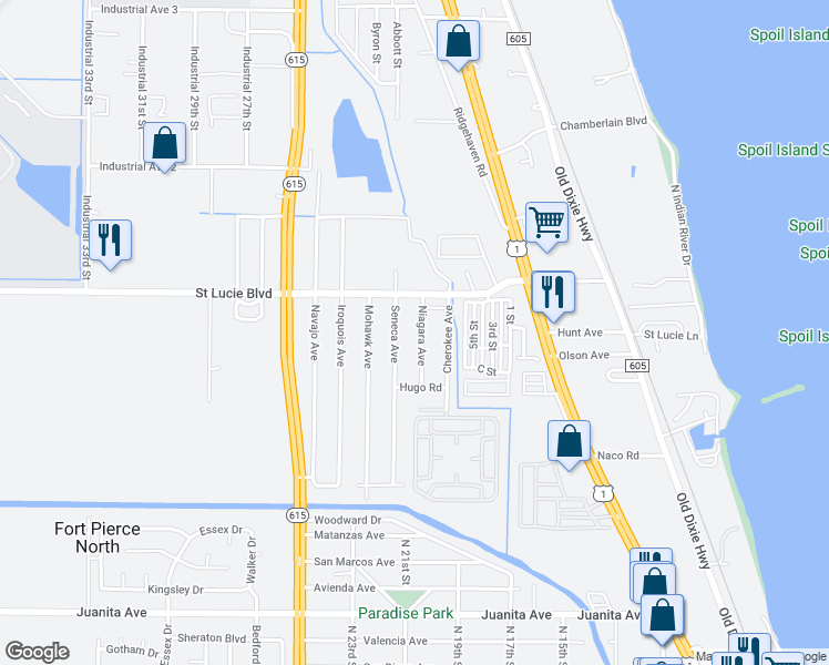 map of restaurants, bars, coffee shops, grocery stores, and more near 2721 Niagara Avenue in Fort Pierce