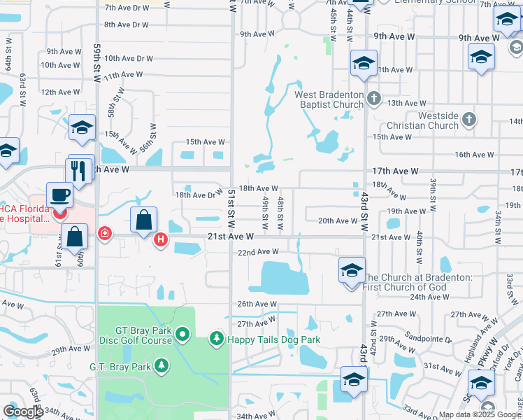 map of restaurants, bars, coffee shops, grocery stores, and more near 4912 19th Avenue West in Bradenton