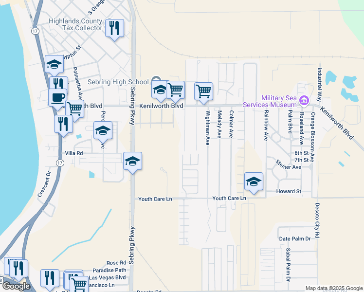 map of restaurants, bars, coffee shops, grocery stores, and more near 1623 Penny Avenue in Sebring