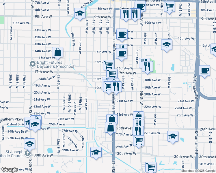 map of restaurants, bars, coffee shops, grocery stores, and more near 1427 18th Avenue Drive West in Bradenton