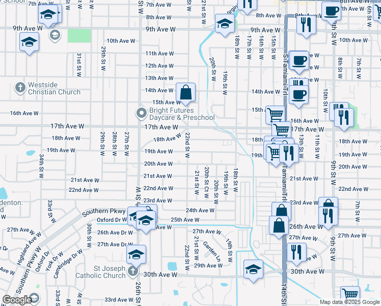 map of restaurants, bars, coffee shops, grocery stores, and more near 2212 19th Avenue West in Bradenton