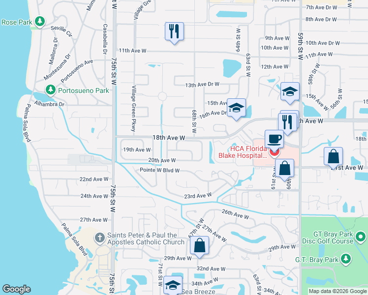 map of restaurants, bars, coffee shops, grocery stores, and more near 6813 18th Avenue Drive West in Bradenton