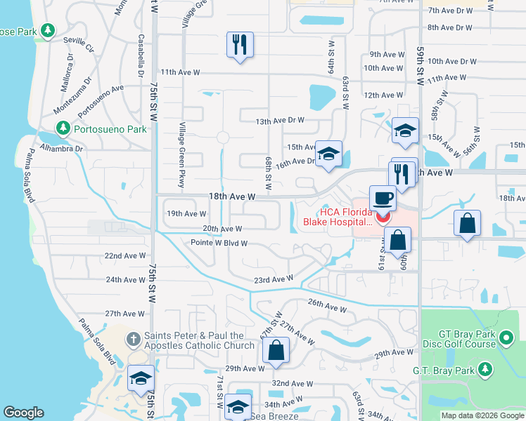 map of restaurants, bars, coffee shops, grocery stores, and more near 6804 19th Avenue West in Bradenton