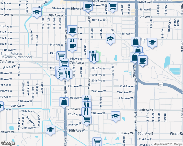 map of restaurants, bars, coffee shops, grocery stores, and more near 808 19th Avenue West in Bradenton
