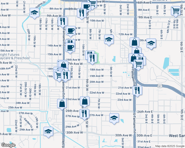 map of restaurants, bars, coffee shops, grocery stores, and more near 808 19th Avenue West in Bradenton
