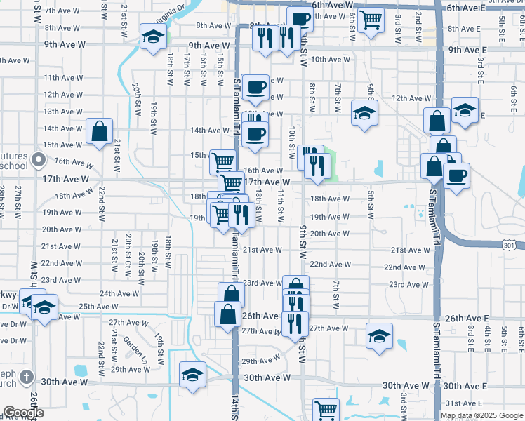 map of restaurants, bars, coffee shops, grocery stores, and more near 1811 13th Street West in Bradenton