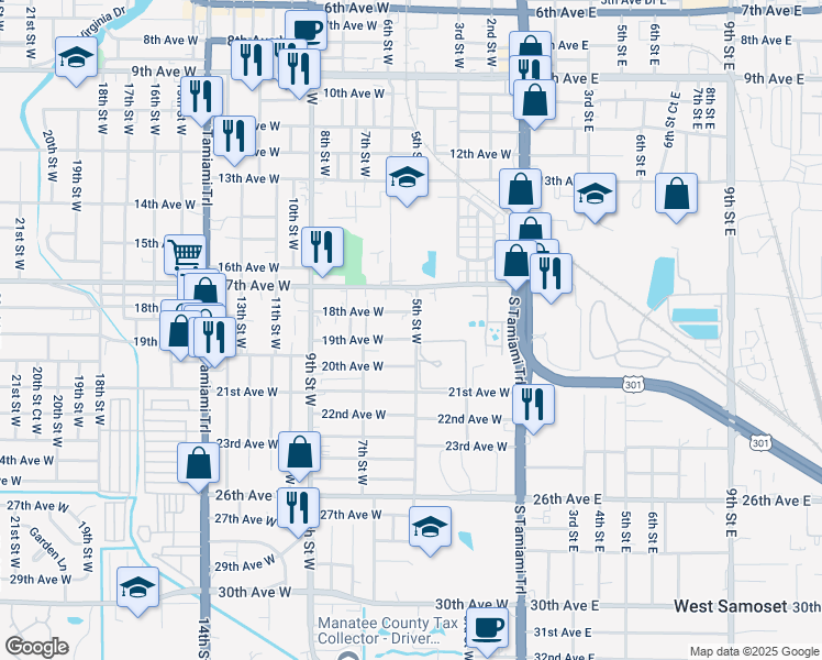 map of restaurants, bars, coffee shops, grocery stores, and more near 506 19th Avenue West in Bradenton
