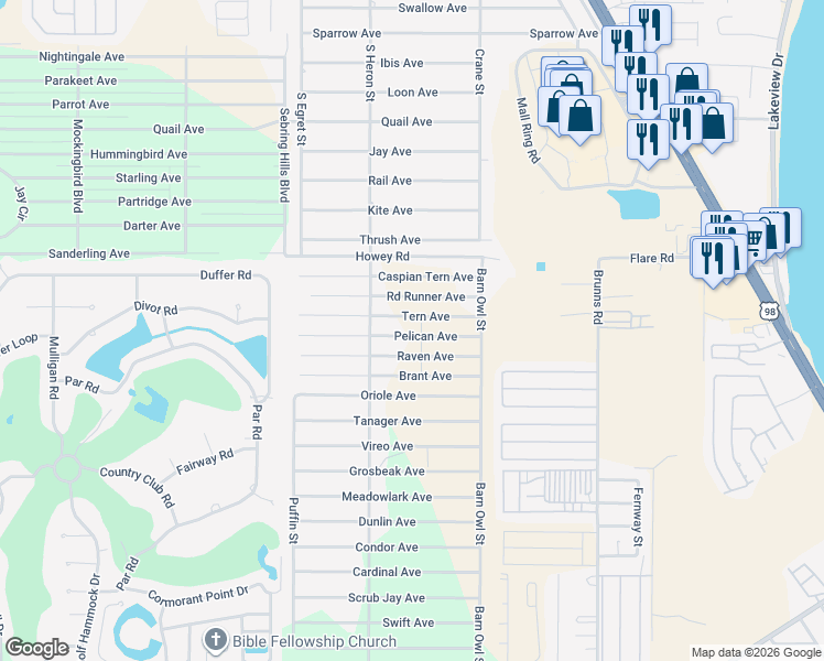 map of restaurants, bars, coffee shops, grocery stores, and more near 243 Pelican Avenue in Sebring