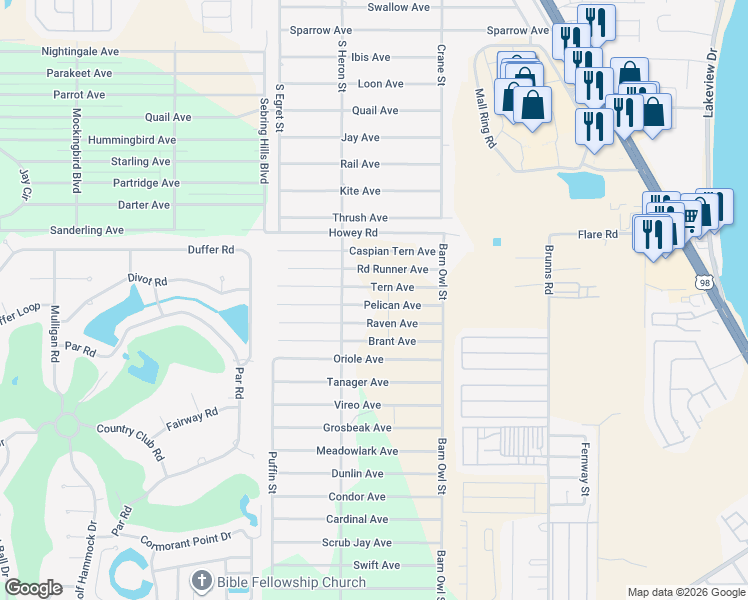 map of restaurants, bars, coffee shops, grocery stores, and more near 243 Pelican Avenue in Sebring