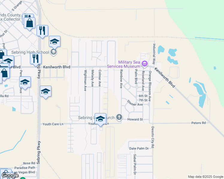 map of restaurants, bars, coffee shops, grocery stores, and more near 1513 Beverly Avenue in Sebring