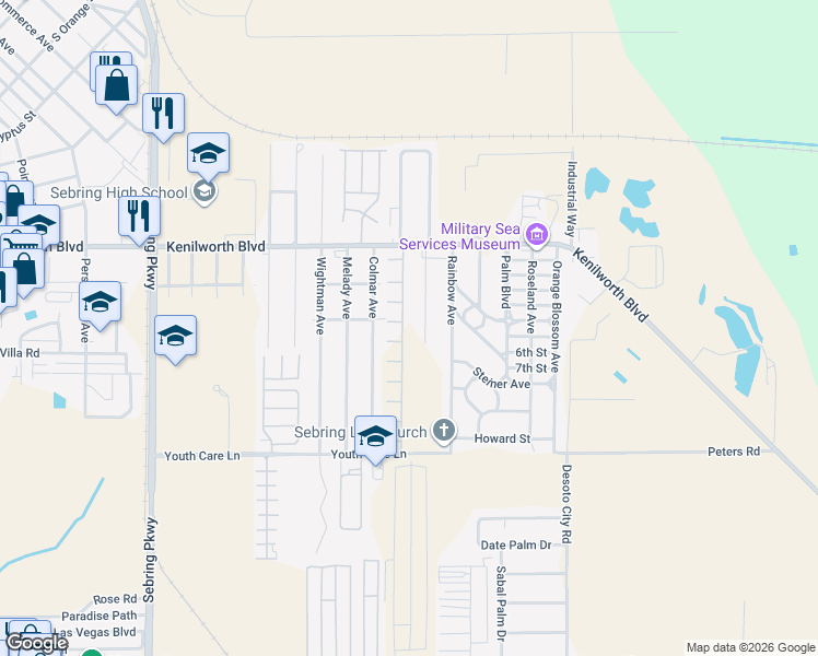 map of restaurants, bars, coffee shops, grocery stores, and more near 1513 Beverly Avenue in Sebring