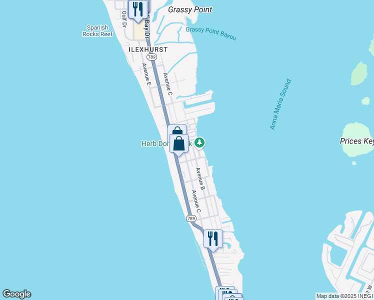 map of restaurants, bars, coffee shops, grocery stores, and more near 2511 Avenue C in Bradenton Beach