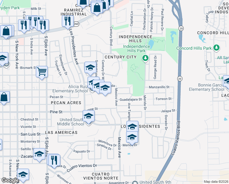 map of restaurants, bars, coffee shops, grocery stores, and more near 1610 Mexico Avenue in Laredo
