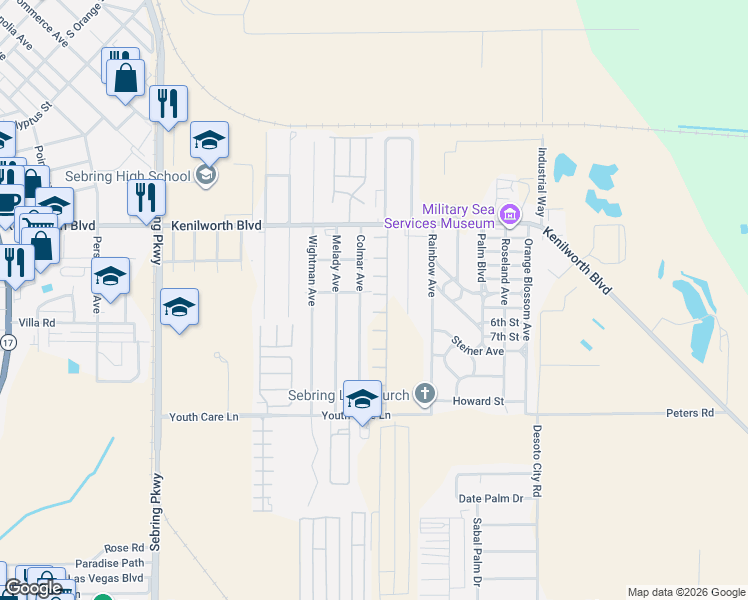 map of restaurants, bars, coffee shops, grocery stores, and more near 1700 Colmar Avenue in Sebring