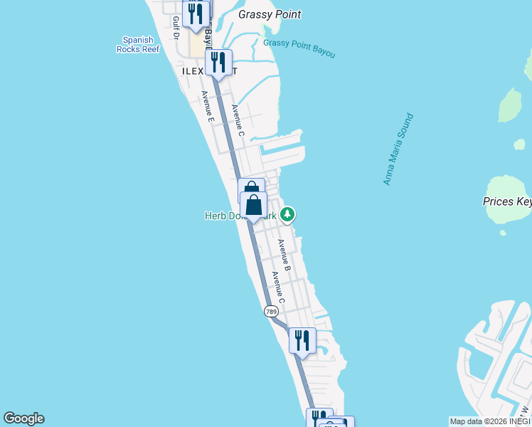 map of restaurants, bars, coffee shops, grocery stores, and more near 2511 Avenue C in Bradenton Beach