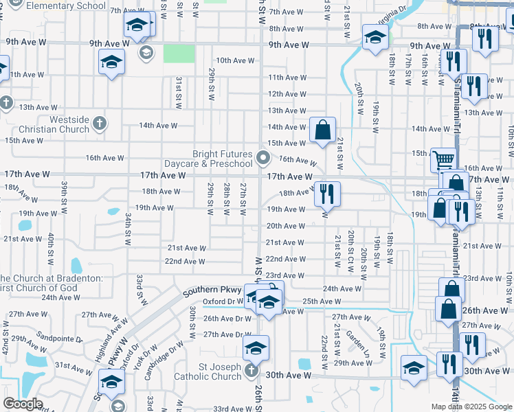 map of restaurants, bars, coffee shops, grocery stores, and more near 2614 19th Avenue West in Bradenton