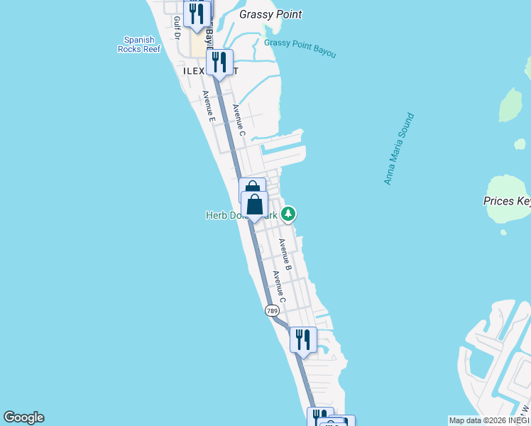 map of restaurants, bars, coffee shops, grocery stores, and more near 2511 Avenue C in Bradenton Beach