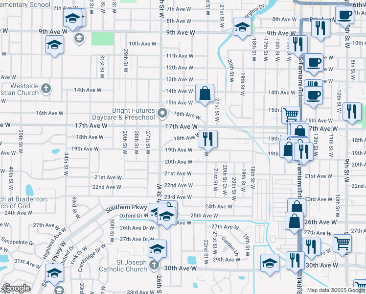 map of restaurants, bars, coffee shops, grocery stores, and more near 2402 19th Avenue West in Bradenton