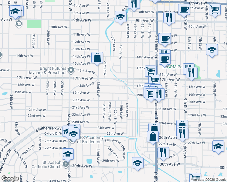 map of restaurants, bars, coffee shops, grocery stores, and more near 1914 19th Avenue West in Bradenton