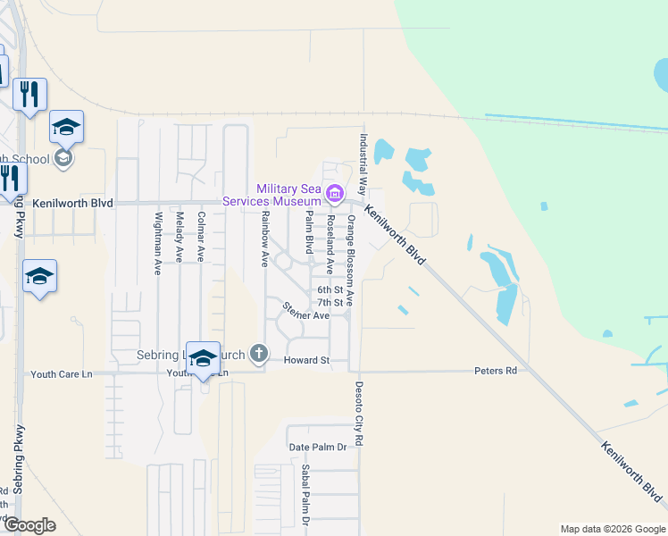 map of restaurants, bars, coffee shops, grocery stores, and more near 1704 Roseland Avenue in Sebring