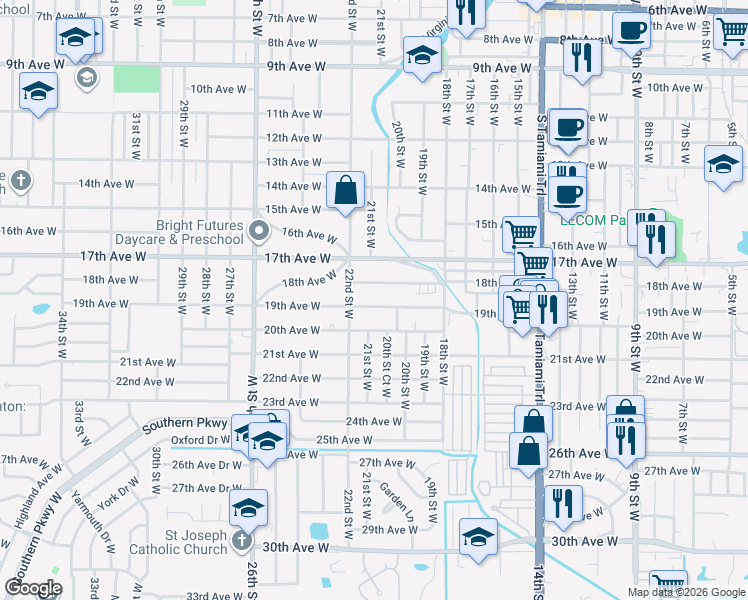 map of restaurants, bars, coffee shops, grocery stores, and more near 2040 19th Avenue West in Bradenton