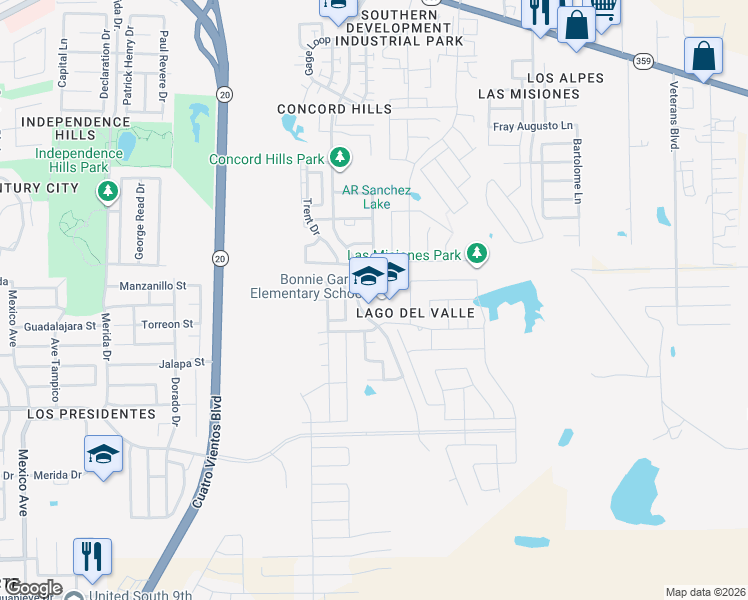 map of restaurants, bars, coffee shops, grocery stores, and more near 1453 Concord Hills Boulevard in Laredo