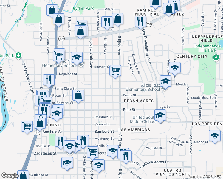 map of restaurants, bars, coffee shops, grocery stores, and more near 3119 Santa Clara Street in Laredo