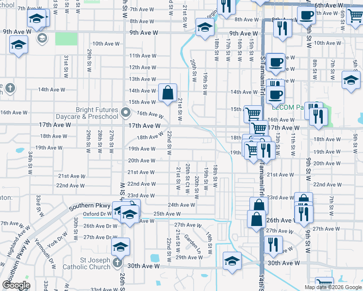 map of restaurants, bars, coffee shops, grocery stores, and more near 2040 19th Avenue West in Bradenton