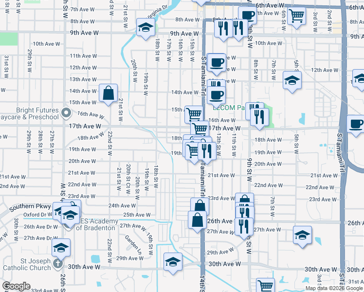 map of restaurants, bars, coffee shops, grocery stores, and more near 1427 18th Avenue Drive West in Bradenton