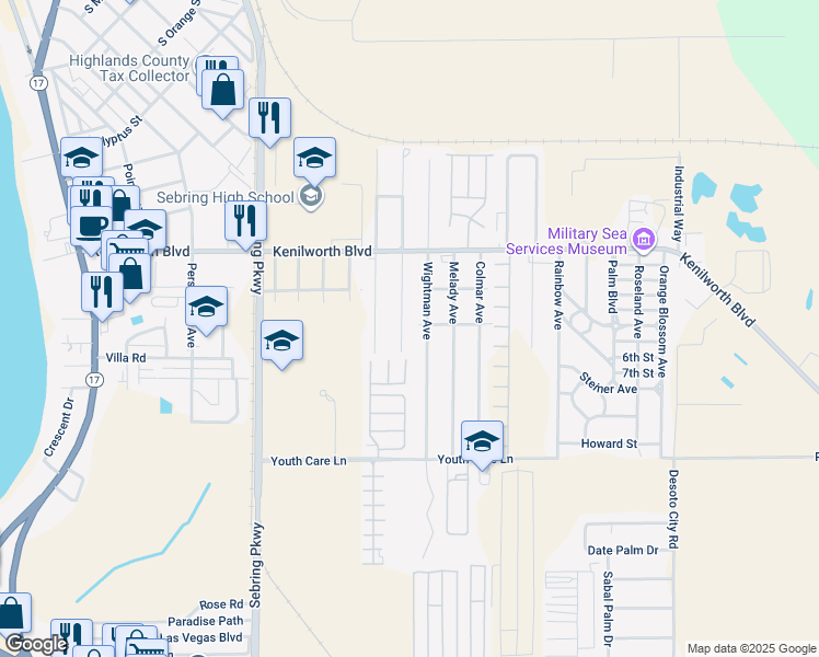 map of restaurants, bars, coffee shops, grocery stores, and more near 1546 Queen Palm Avenue in Sebring