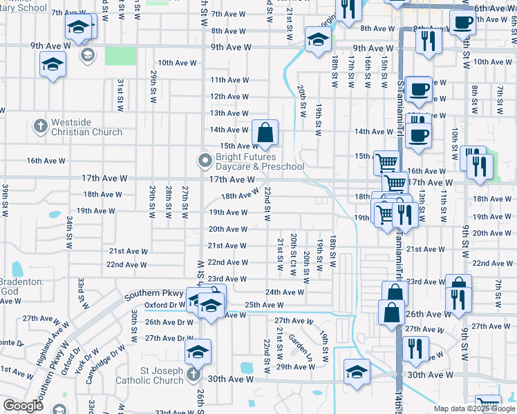 map of restaurants, bars, coffee shops, grocery stores, and more near 2212 19th Avenue West in Bradenton