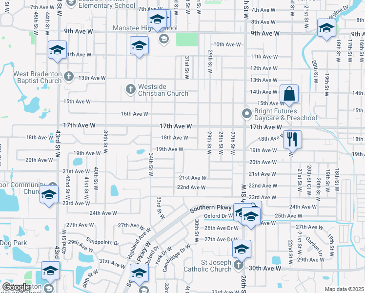 map of restaurants, bars, coffee shops, grocery stores, and more near 3104 19th Avenue West in Bradenton