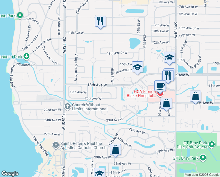 map of restaurants, bars, coffee shops, grocery stores, and more near 6813 18th Avenue Drive West in Bradenton