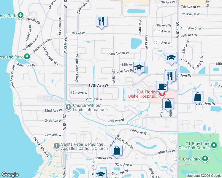 map of restaurants, bars, coffee shops, grocery stores, and more near 6813 18th Avenue Drive West in Bradenton