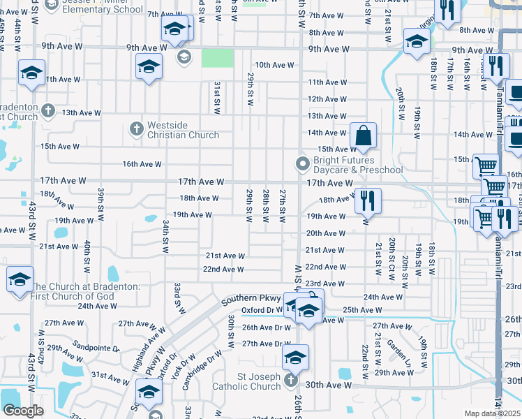 map of restaurants, bars, coffee shops, grocery stores, and more near 2804 19th Avenue West in Bradenton