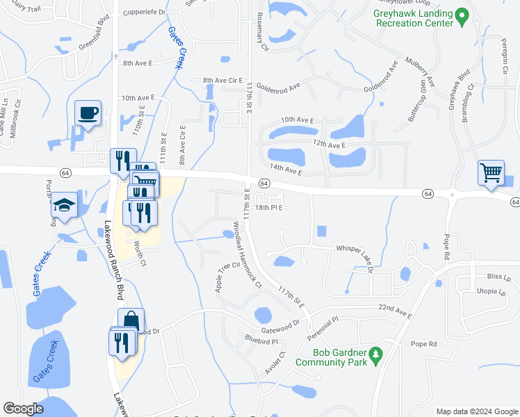 map of restaurants, bars, coffee shops, grocery stores, and more near 1806 Lake George Cove in Bradenton