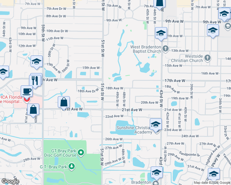 map of restaurants, bars, coffee shops, grocery stores, and more near 4912 19th Avenue West in Bradenton