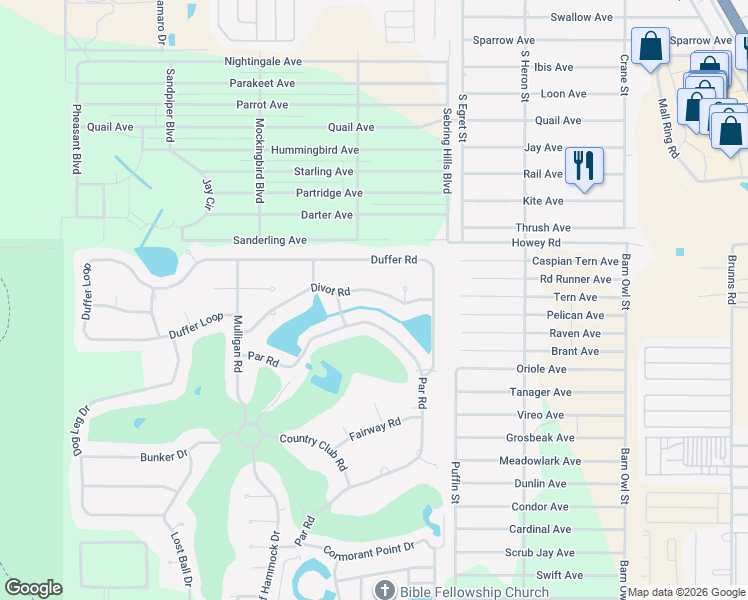 map of restaurants, bars, coffee shops, grocery stores, and more near 3006 Divot Road in Sebring