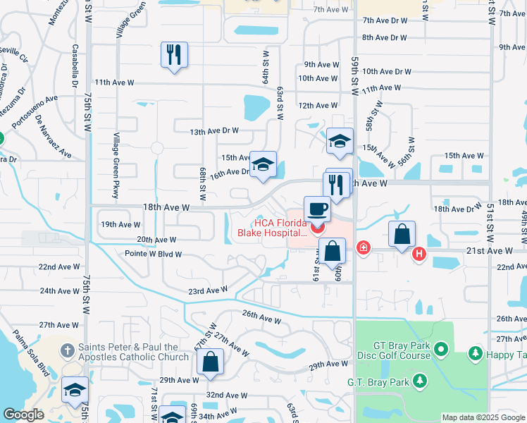 map of restaurants, bars, coffee shops, grocery stores, and more near 6404 21st Avenue West in Bradenton