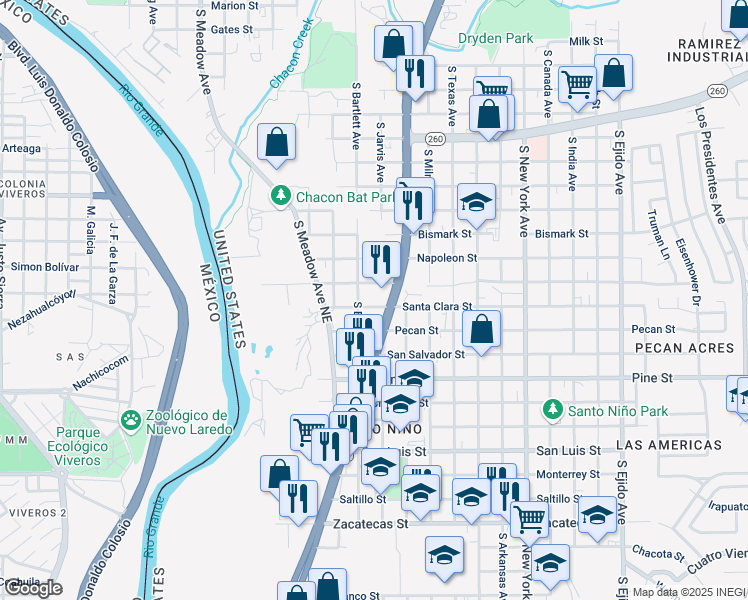 map of restaurants, bars, coffee shops, grocery stores, and more near 1600-1602 S Sacred Heart Dr in Laredo